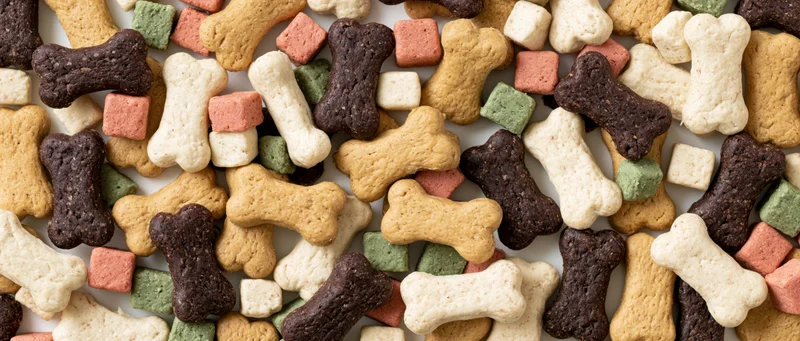 Assorted dog bone-shaped biscuits scattered on white surface