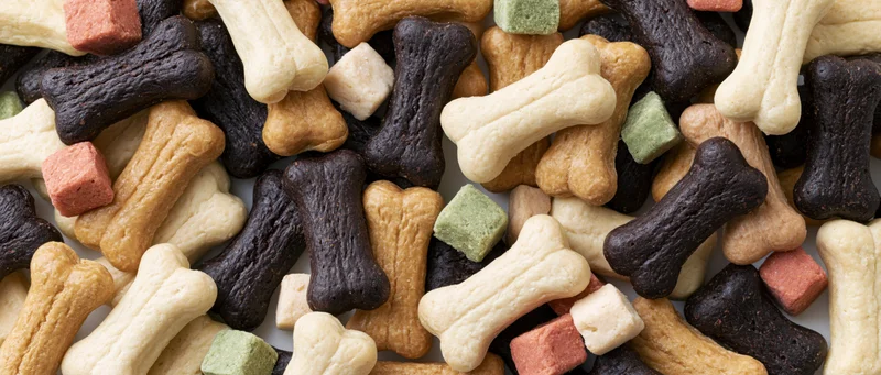 Assorted dog bone-shaped biscuits scattered in a flat lay overhead view