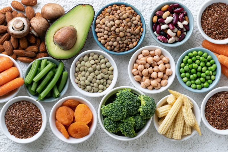 Assorted whole foods arranged in bowls on a textured surface in a flat lay overhead composition