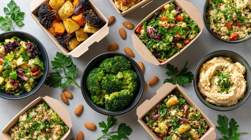 Overhead flat lay of meal prep containers with salads, roasted vegetables, hummus, and broccoli arranged on a gray surface with scattered almonds and parsley