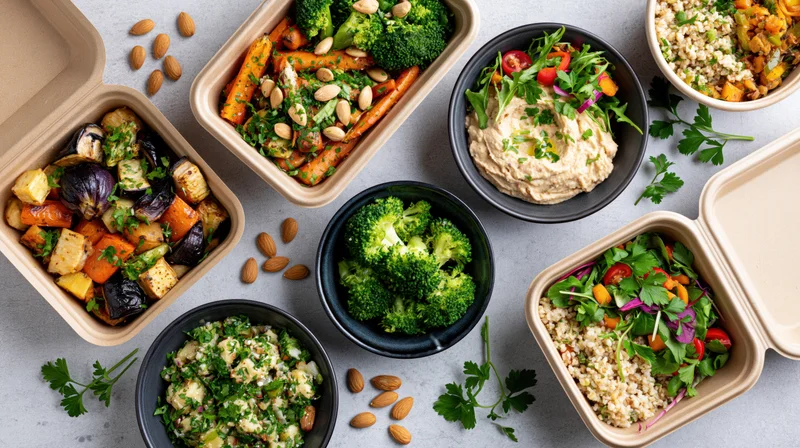 Multiple meal prep containers with vegetables, grains, and hummus arranged on a gray countertop in an overhead flat lay view