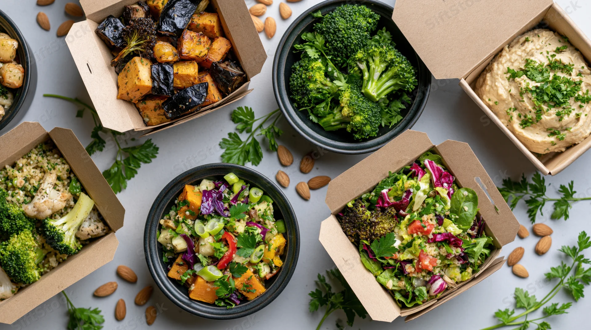 Multiple meal prep containers with salads, roasted vegetables, hummus and quinoa arranged on a countertop in an overhead flat lay view