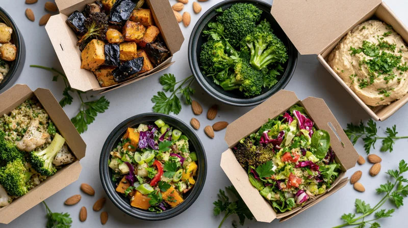 Multiple meal prep containers with salads, roasted vegetables, hummus and quinoa arranged on a countertop in an overhead flat lay view