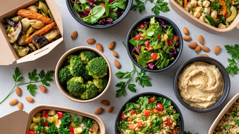Overhead flat lay of meal prep containers with salads, roasted vegetables, hummus, and broccoli on a light surface