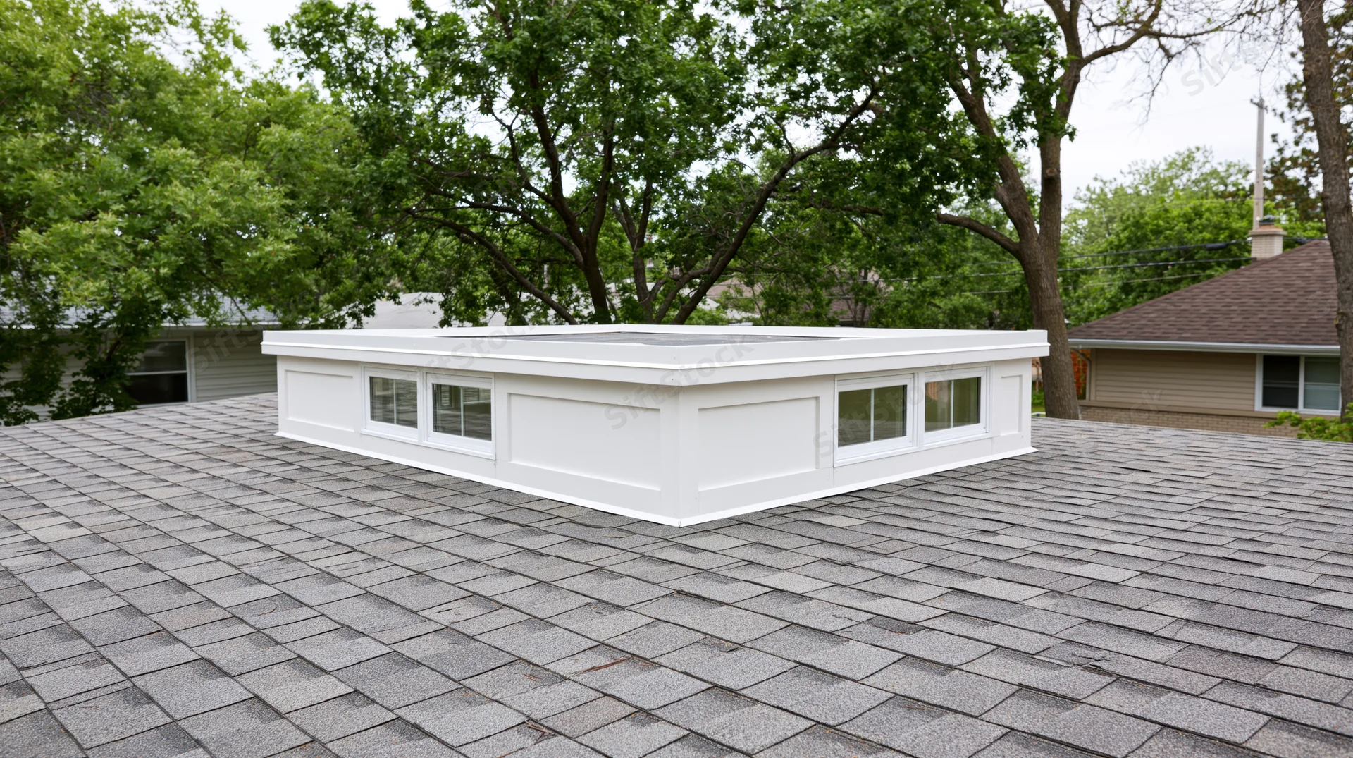 White skylight curb mounted on a residential asphalt shingle roof surrounded by trees