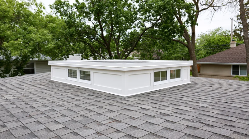 White skylight curb mounted on a residential asphalt shingle roof surrounded by trees