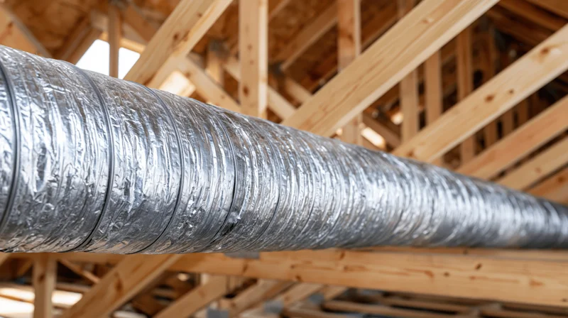 Flexible silver hvac duct running diagonally through wooden roof framing in attic space
