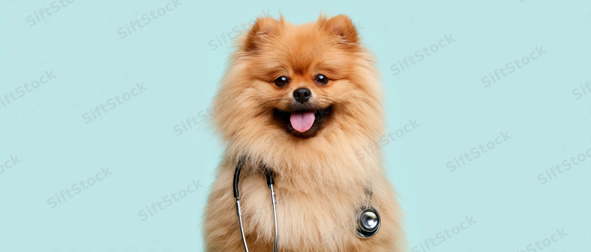 Fluffy orange pomeranian dog wearing stethoscope, sitting upright against light blue background