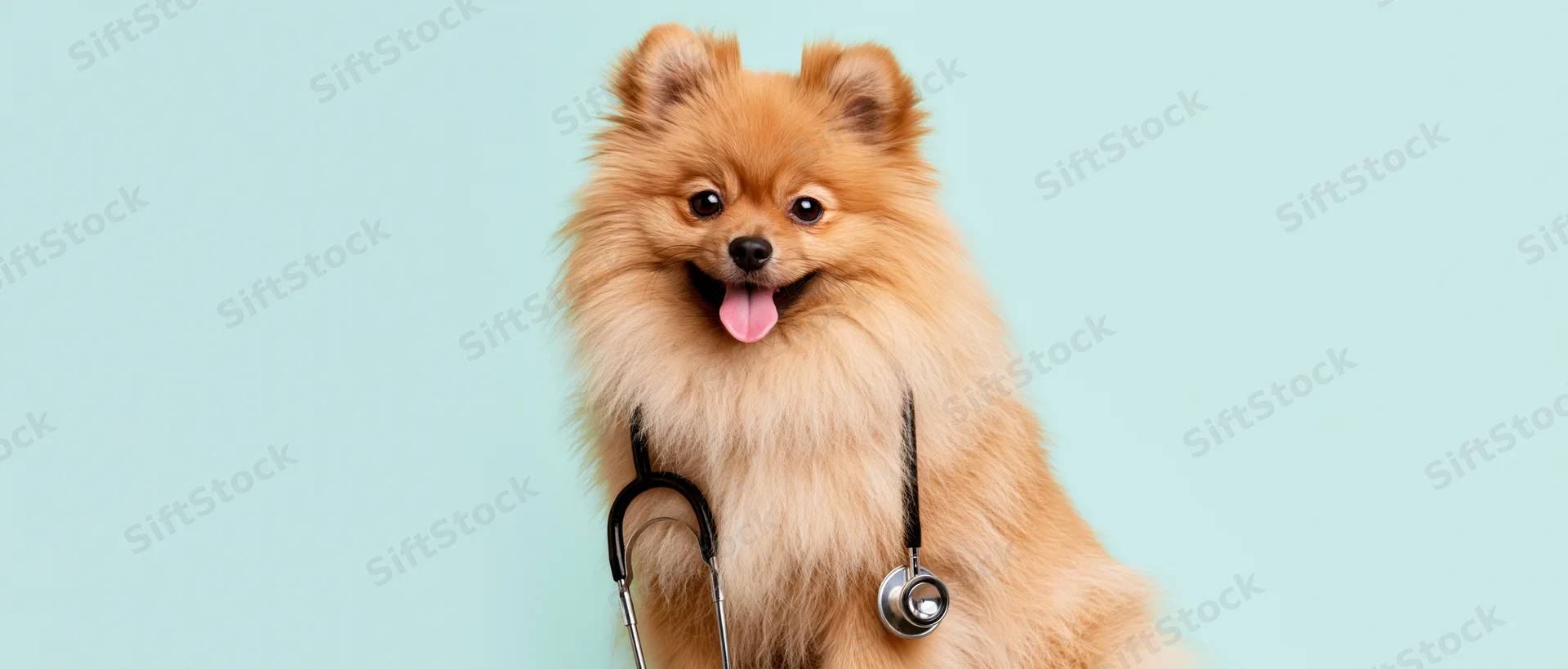 Fluffy orange pomeranian dog sitting upright with stethoscope around neck on light blue background