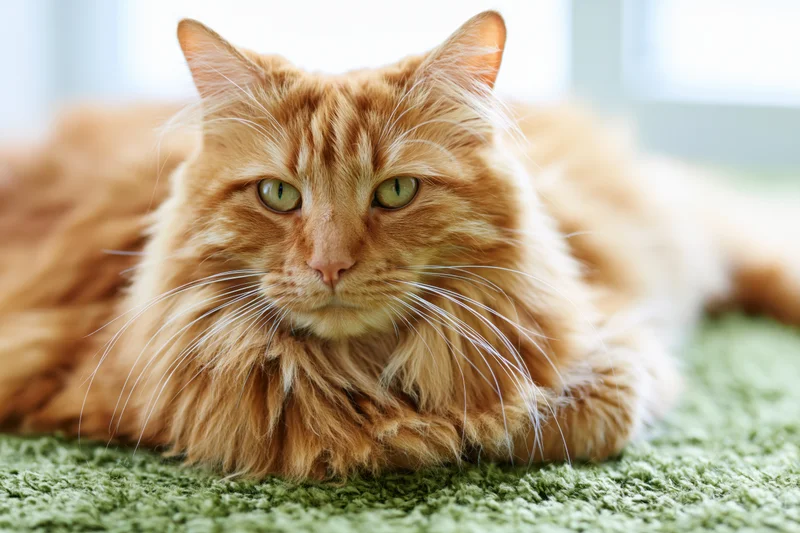 Fluffy orange tabby cat lying relaxed on green carpet indoors
