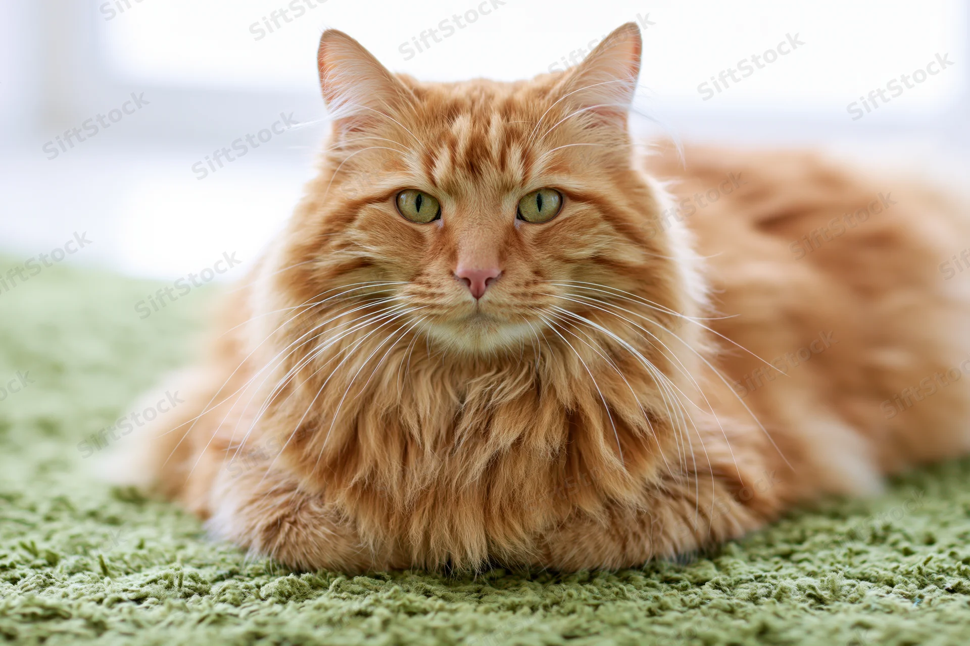 Fluffy orange tabby cat lying relaxed on green carpet indoors