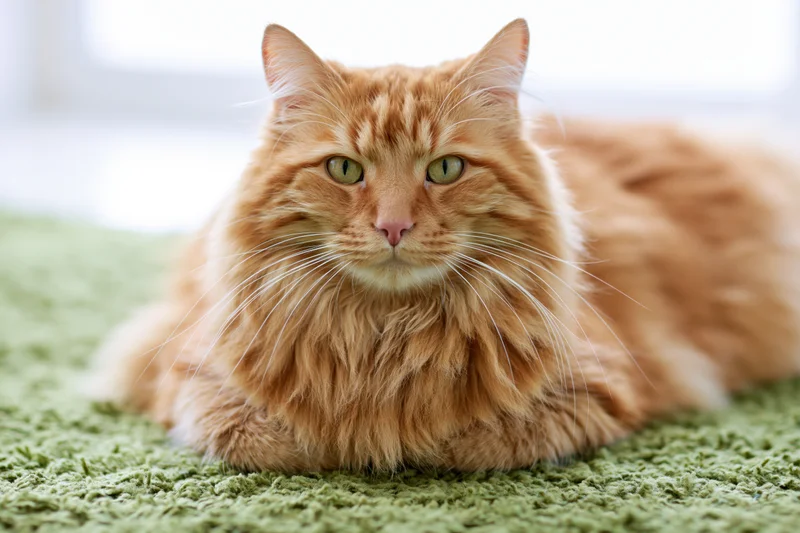 Fluffy orange tabby cat lying relaxed on green carpet indoors