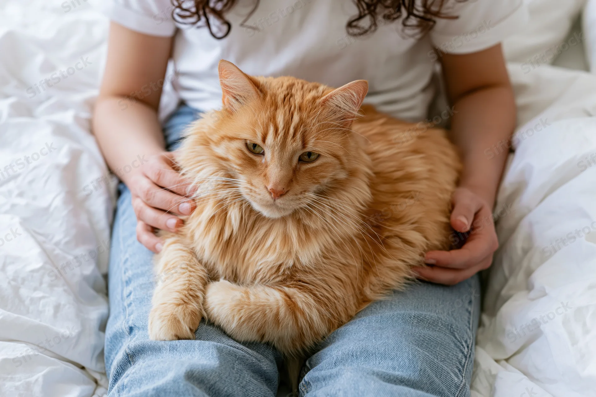 Fluffy orange tabby cat resting in a woman’s lap on a bed with white sheets