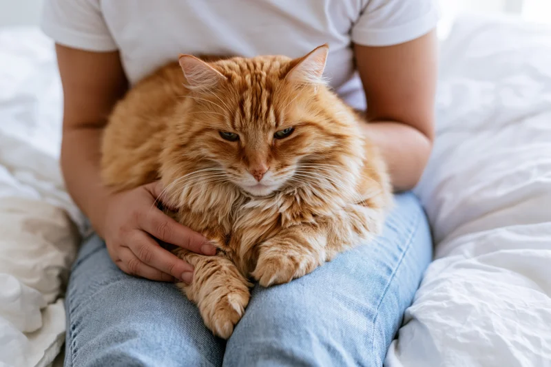 Fluffy orange tabby cat resting in a woman’s lap on a bed, being gently petted