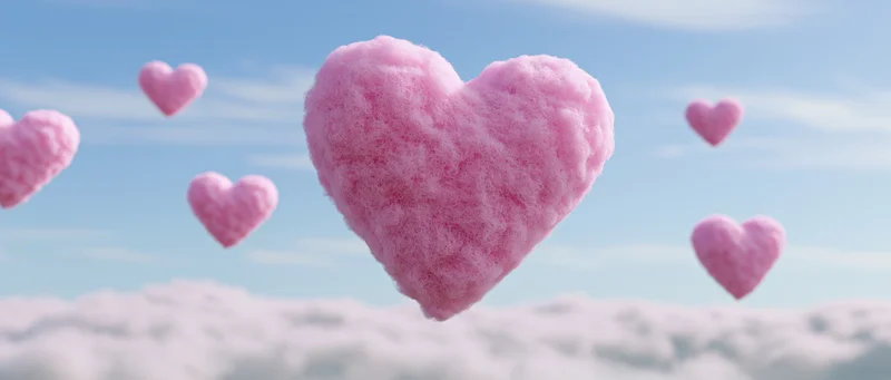 Fluffy pink heart-shaped balloons floating above clouds in a blue sky