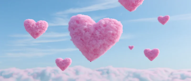 Fluffy pink heart-shaped balloons floating above clouds in a clear blue sky