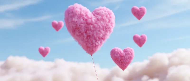 Fluffy pink heart-shaped balloons floating above clouds in a blue sky