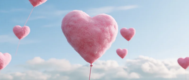 Fluffy pink heart-shaped balloons floating in a blue sky with white clouds