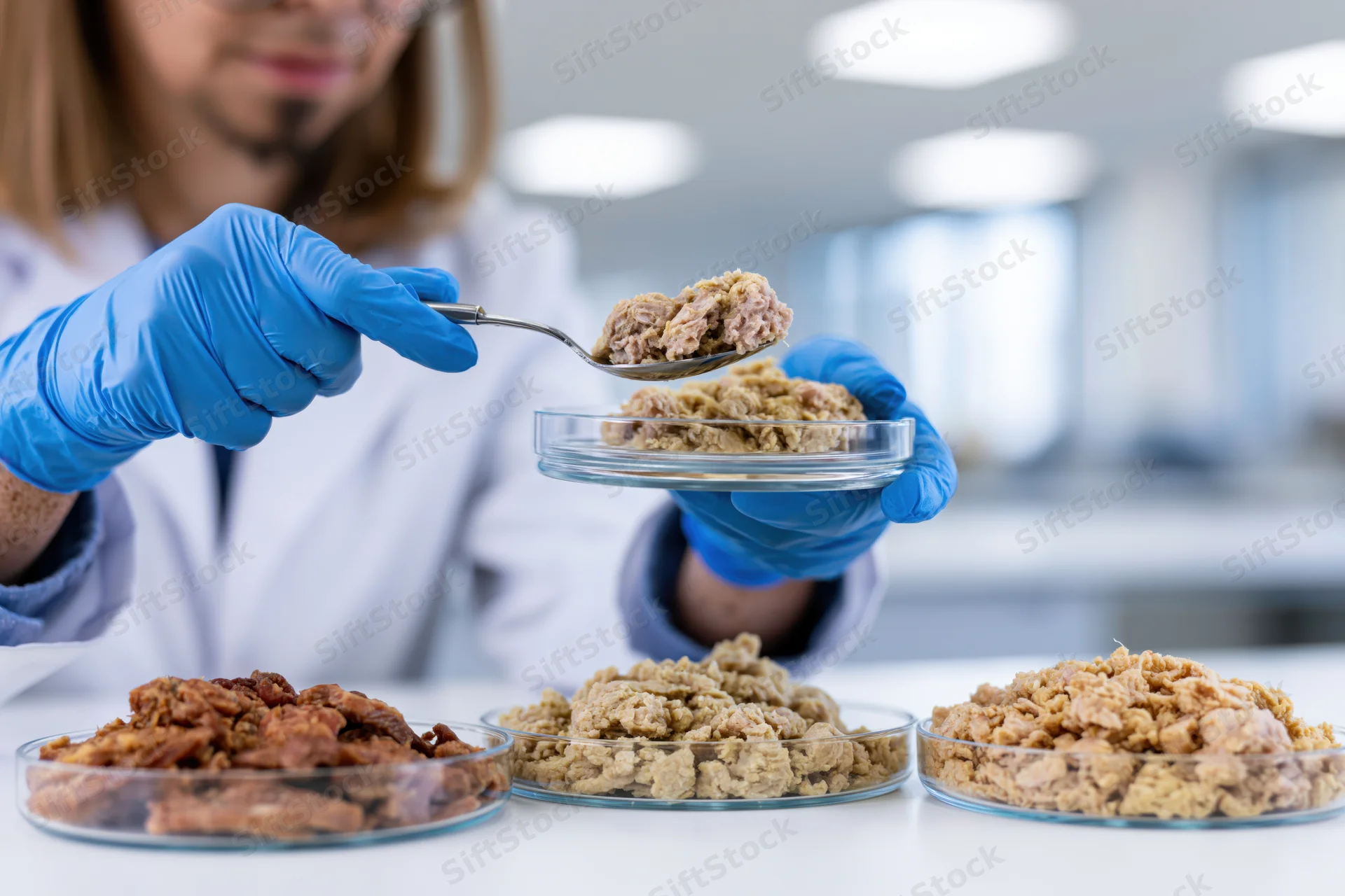 Food scientist holding spoon with meat sample over petri dish in lab