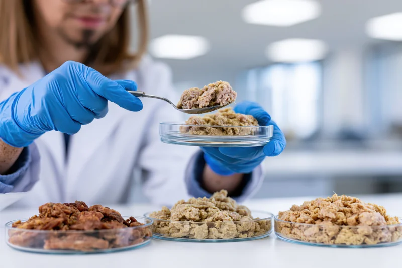Food scientist holding spoon with meat sample over petri dish in lab