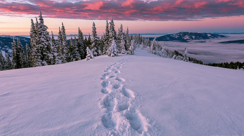 Footsteps in deep snow leading toward a mountain ridge at sunset over a fog-filled valley