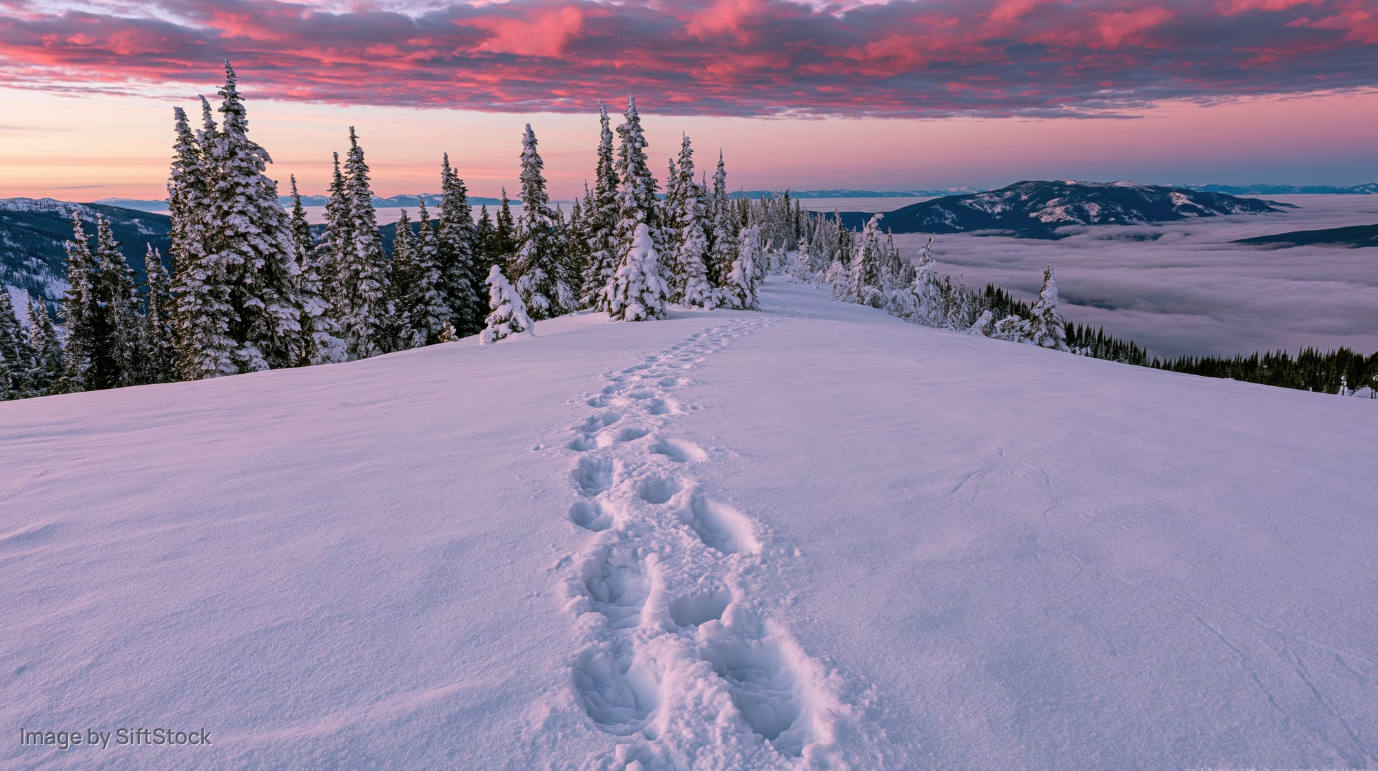 Footsteps in deep snow leading toward a mountain ridge at sunset over a fog-filled valley