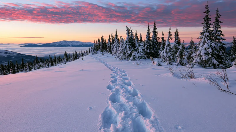 Footsteps in deep snow leading toward a mountain ridge at sunset over a fog-filled valley