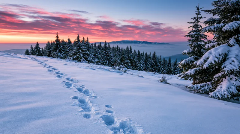 Footprints in deep snow leading toward a forested mountain range at sunset