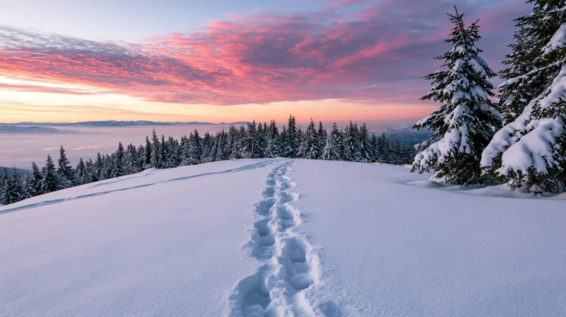 Footsteps in deep snow leading toward a forested mountain ridge at sunset
