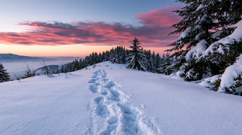 Footsteps in deep snow leading toward a mountain ridge at sunset