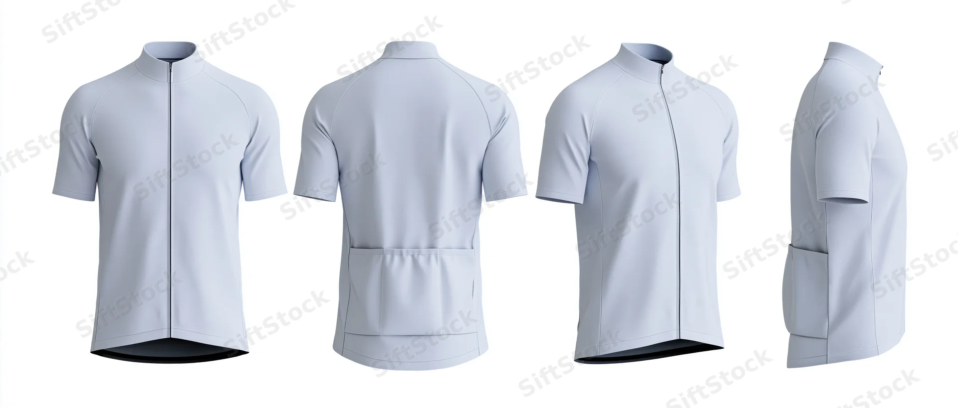 Four-view display of a white cycling jersey showing front, back, and side angles on plain background