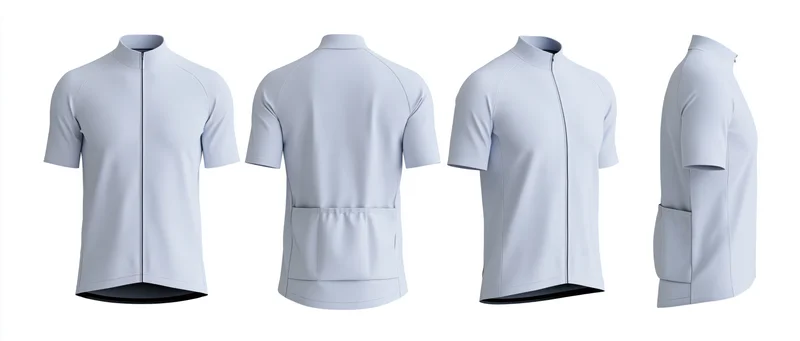 Four-view display of a white cycling jersey showing front, back, and side angles on plain background