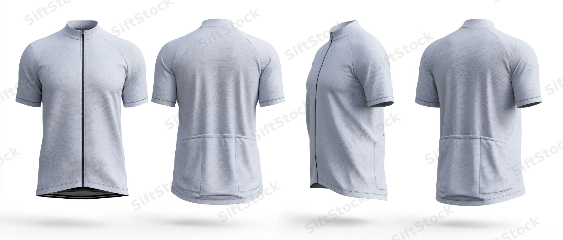 Four-view display of a plain white cycling jersey with front, back, and side angles isolated on white