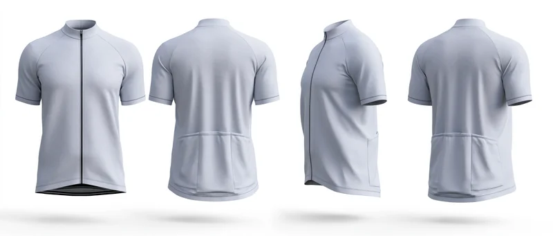 Four-view display of a plain white cycling jersey with front, back, and side angles isolated on white