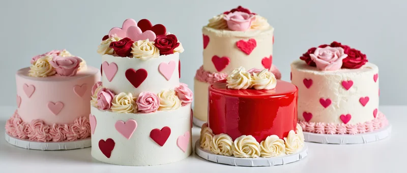 Five valentine's day cakes decorated with hearts and roses arranged side by side on white surface