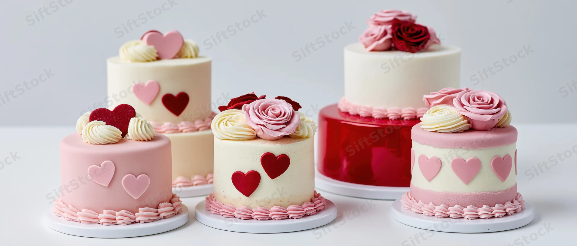 Five decorated cakes with hearts and roses arranged side by side on white surface