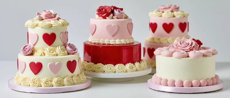 Four valentines day celebration cakes decorated with hearts and roses displayed side by side on white surface