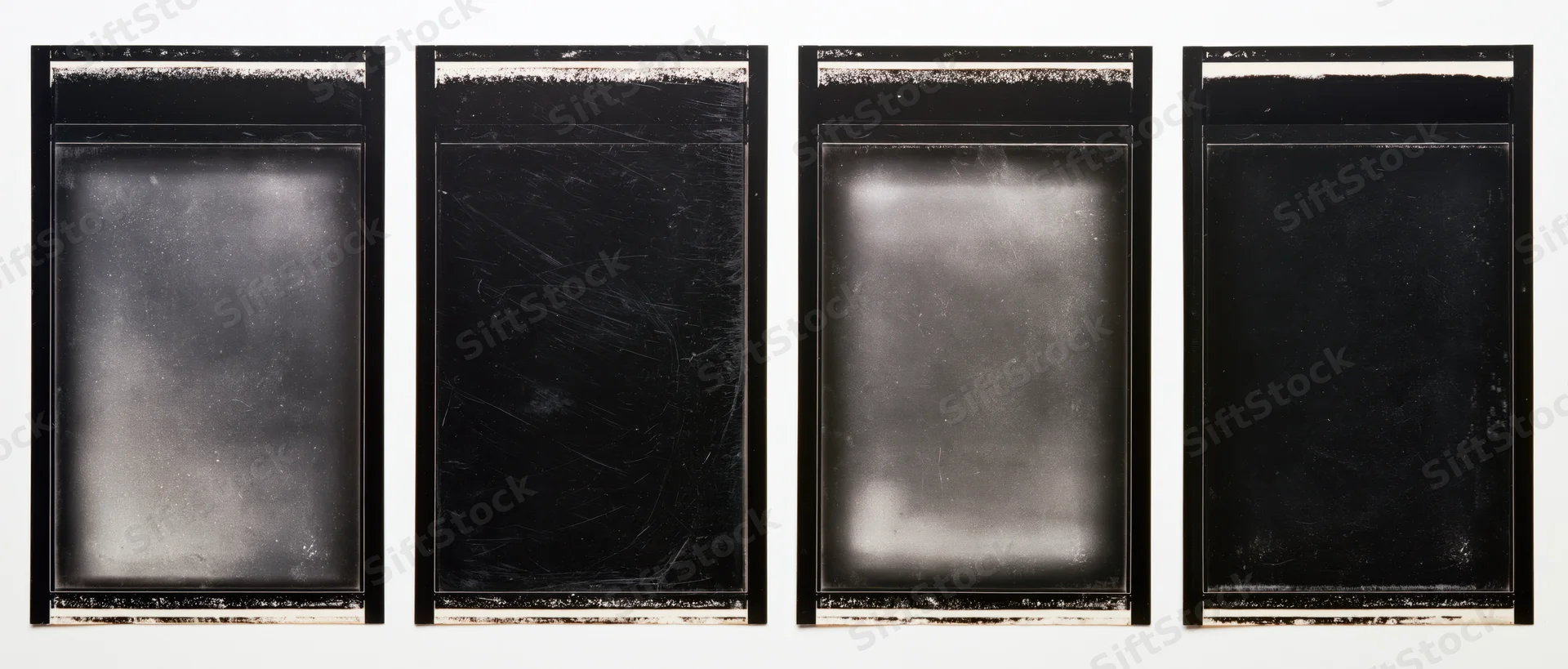 Four black film negative frames arranged side by side on a white background