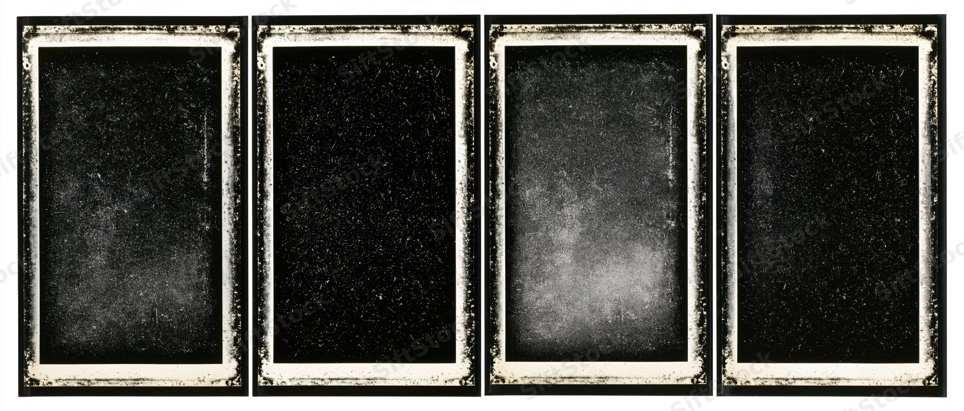 Four vintage film negative frames arranged side by side with distressed borders and dark centers