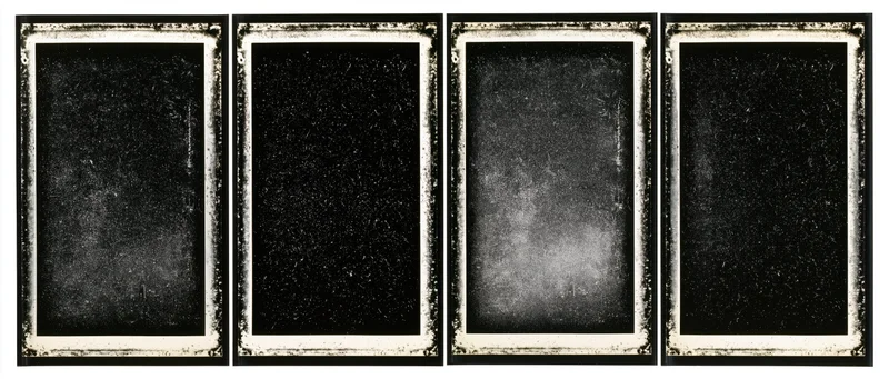 Four vintage film negative frames arranged side by side with distressed borders and dark centers