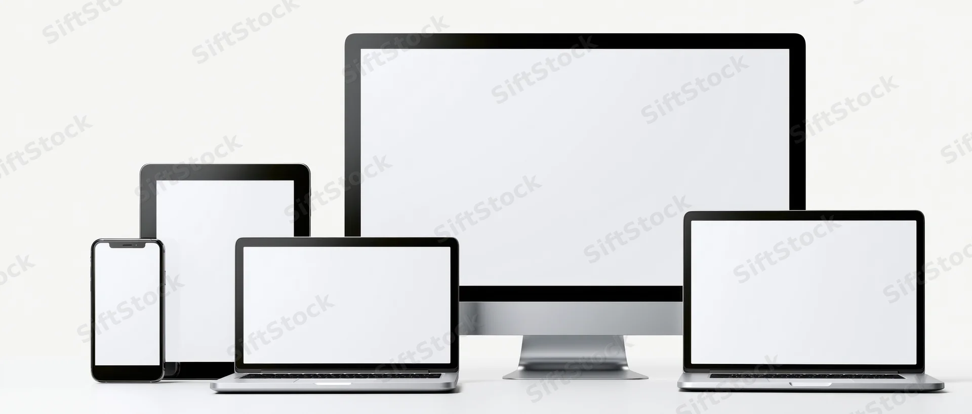 Multiple blank-screen devices arranged in a row on a white surface