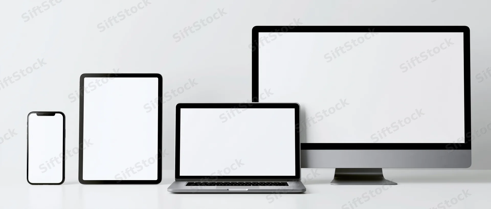 Four blank-screen devices arranged in a row on a white surface