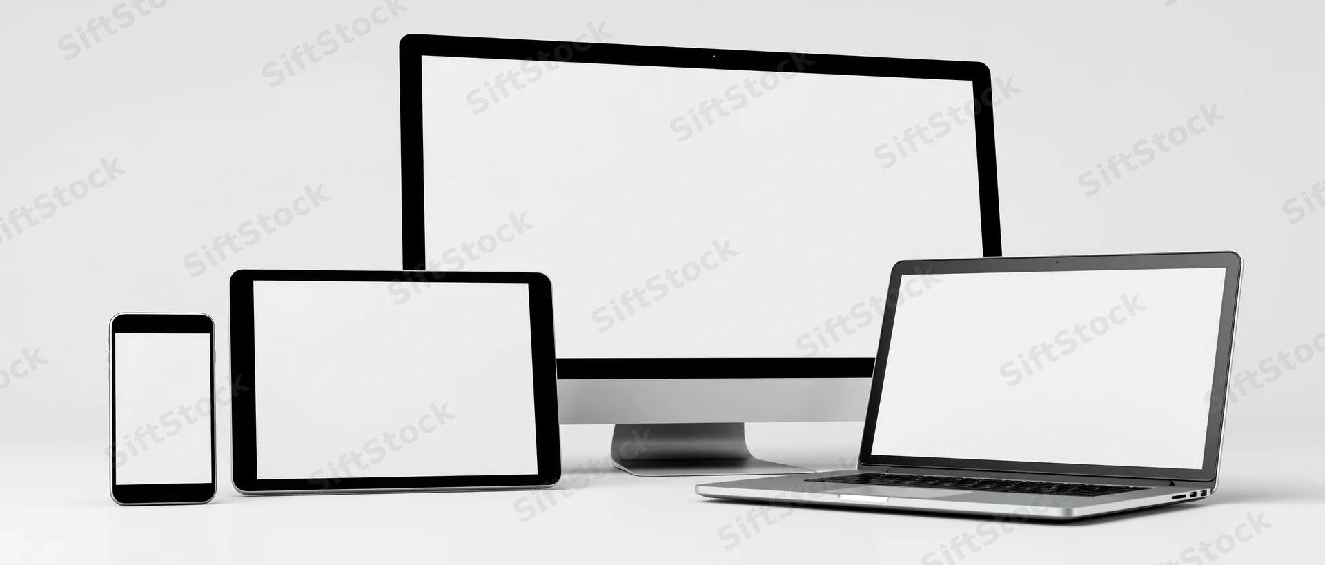 Four blank-screen digital devices arranged in a row on a white surface