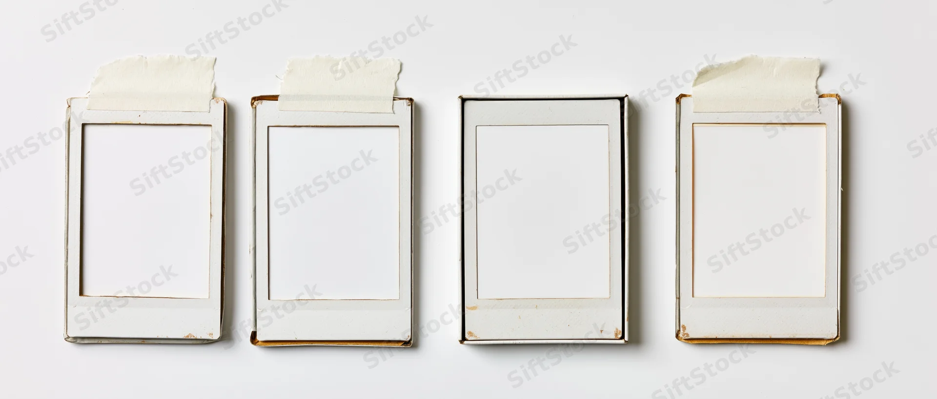 Four blank instant film photo frames arranged in a row on a white surface