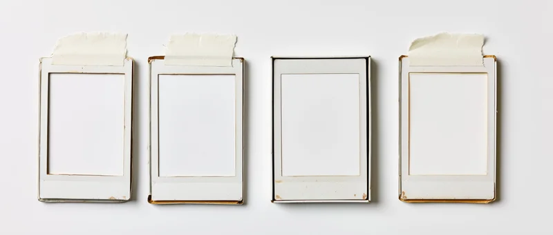 Four blank instant film photo frames arranged in a row on a white surface