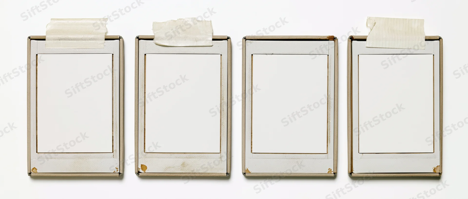 Four blank instant photo frames arranged in a row on white background with tape at top