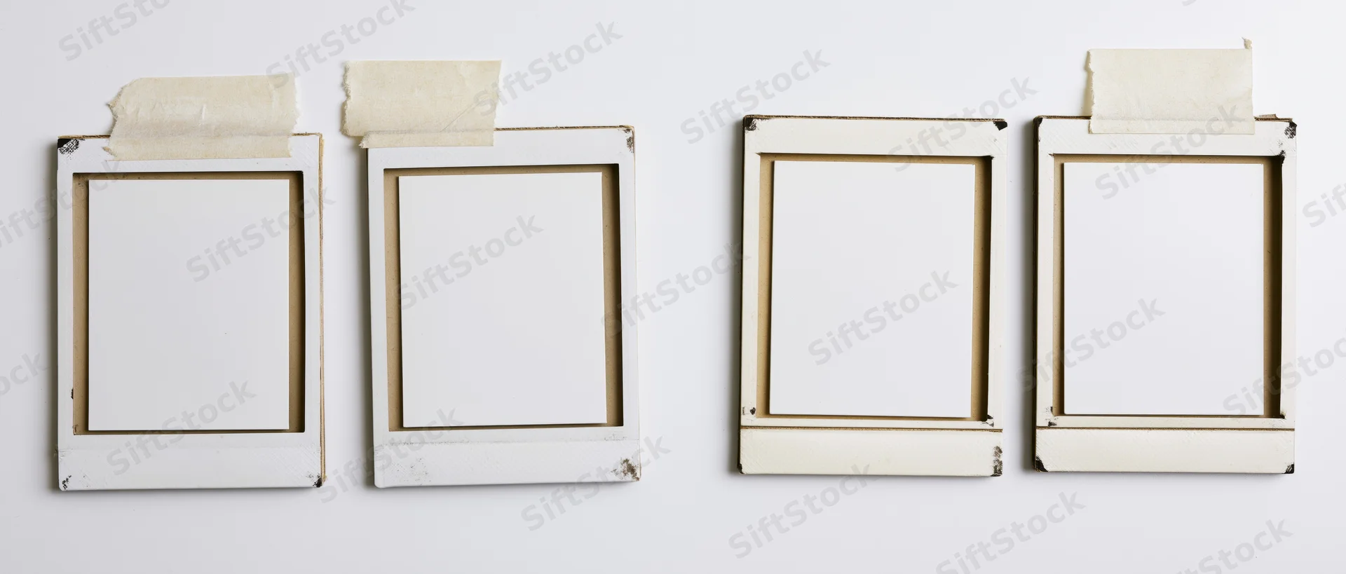 Four blank instant film photo frames arranged in a row on a white wall