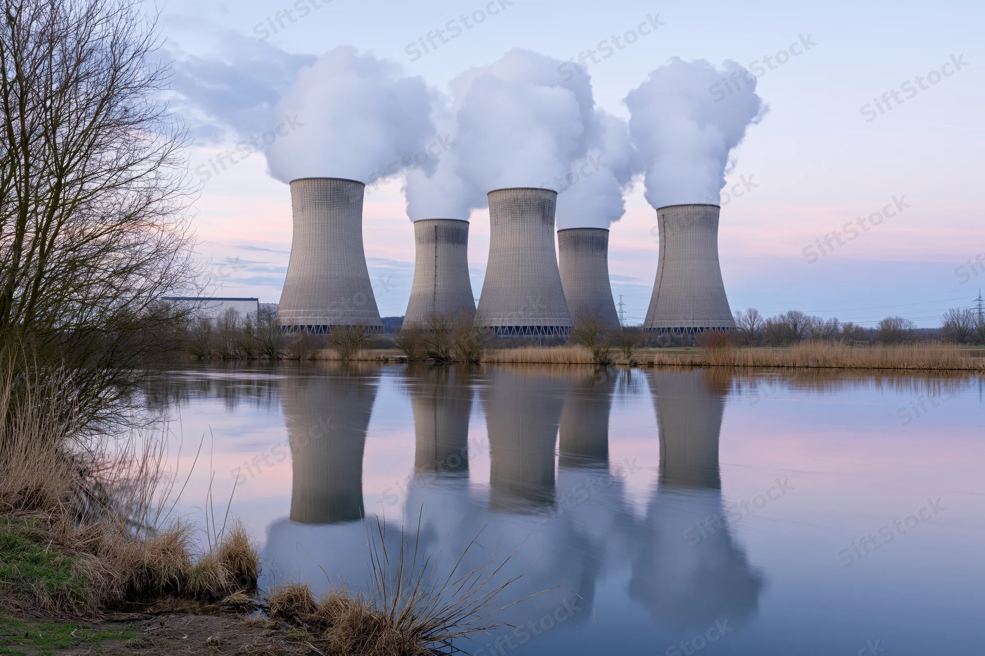 Nuclear cooling towers releasing steam reflected in calm river at twilight