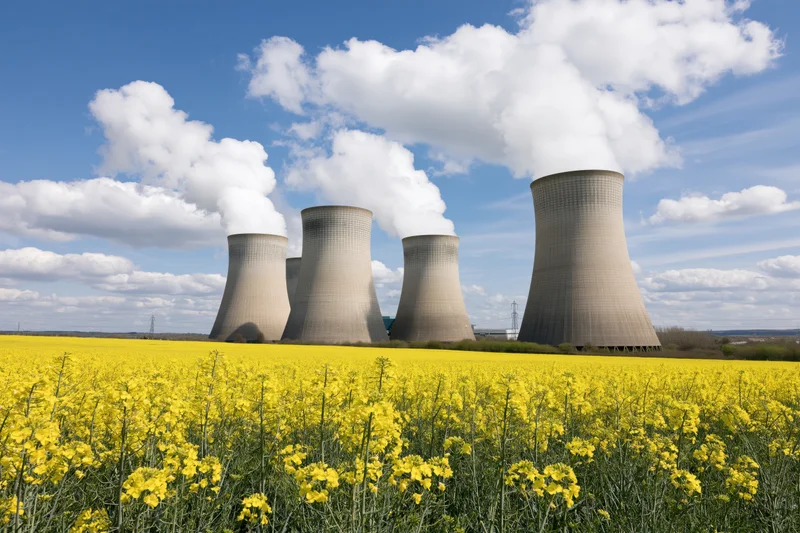 Nuclear power plant cooling towers releasing steam against a blue sky with clouds, viewed across a yellow canola field