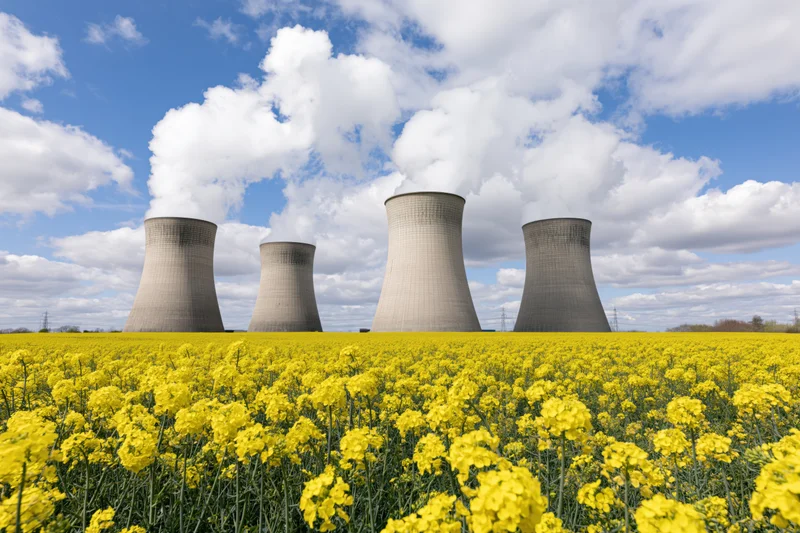 Nuclear power plant cooling towers emitting steam behind a blooming canola field under a cloudy blue sky